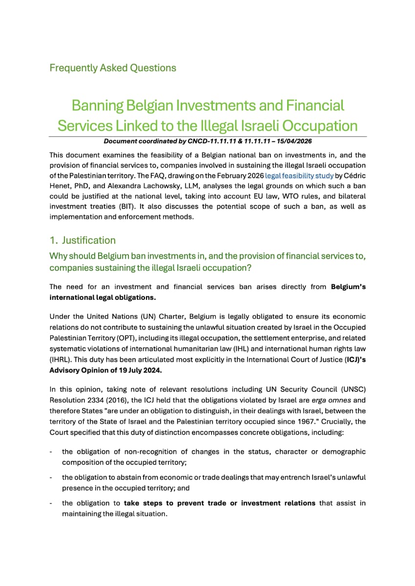 FAQ - Banning Belgian Investments and Financial Services Linked to the Illegal Israeli Occupation 