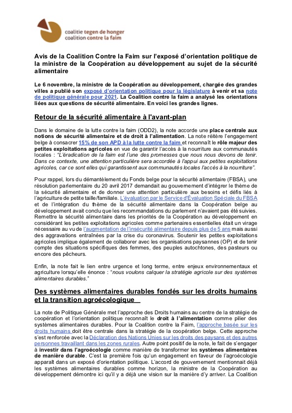 Avis sur l'exposé d'orientation politique de la ministre de la...