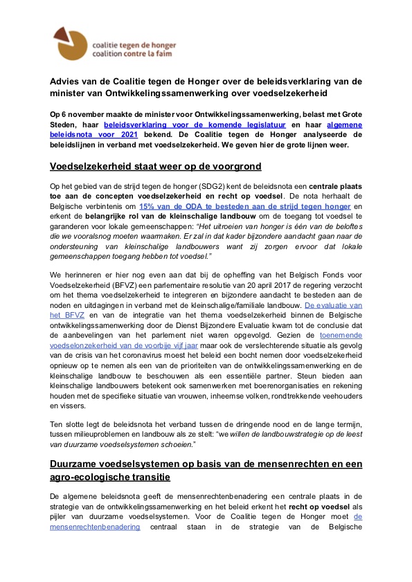 Advies over de beleidsverklaring van de minister van Ontwikkelingssame